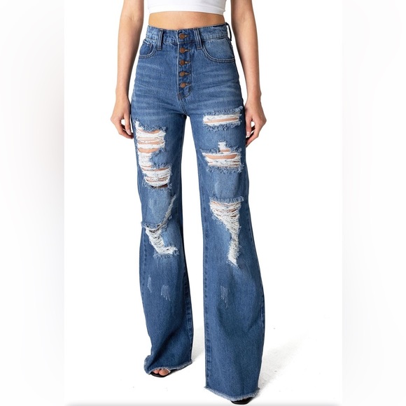 Vibe & Rant Denim High Rise Ripped Wide Leg Flare Jeans - Picture 2 of 16